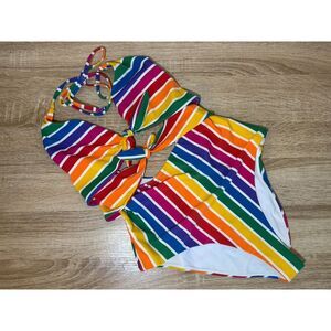 Show Me Your Mumu Mermaid 7 Color Rainbow Stripe Cutout One Piece Swimsuit Med